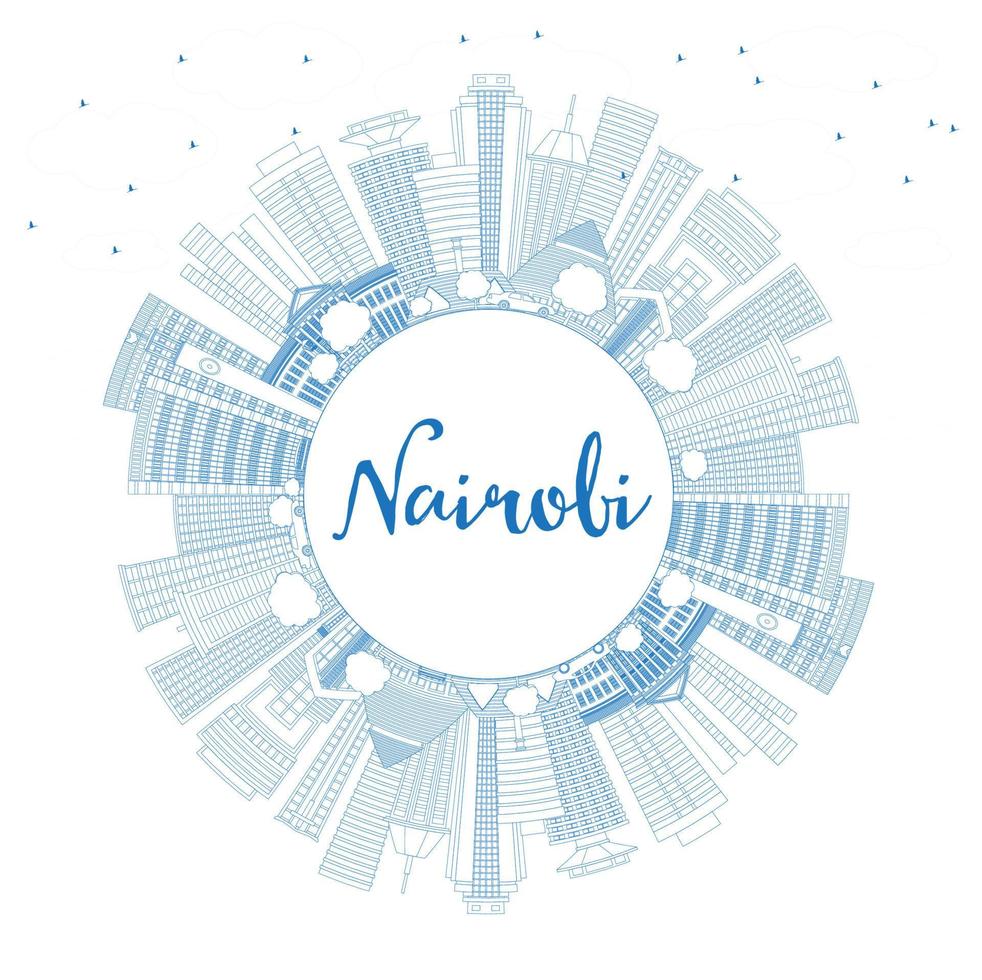 Outline Nairobi Kenya City Skyline with Blue Buildings and Copy Space. vector