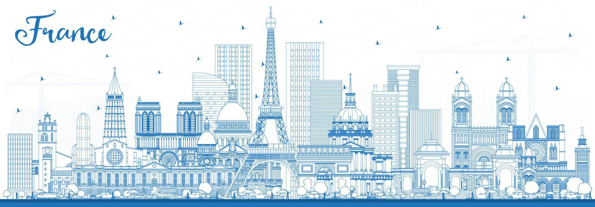 delinear el horizonte de la ciudad de francia con edificios azules. vector