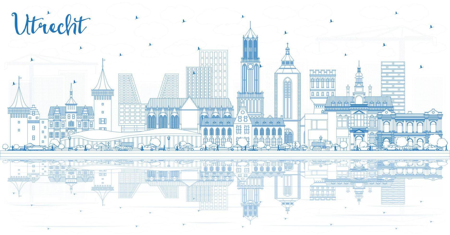 Outline Utrecht Netherlands City Skyline with Blue Buildings and Reflections. vector