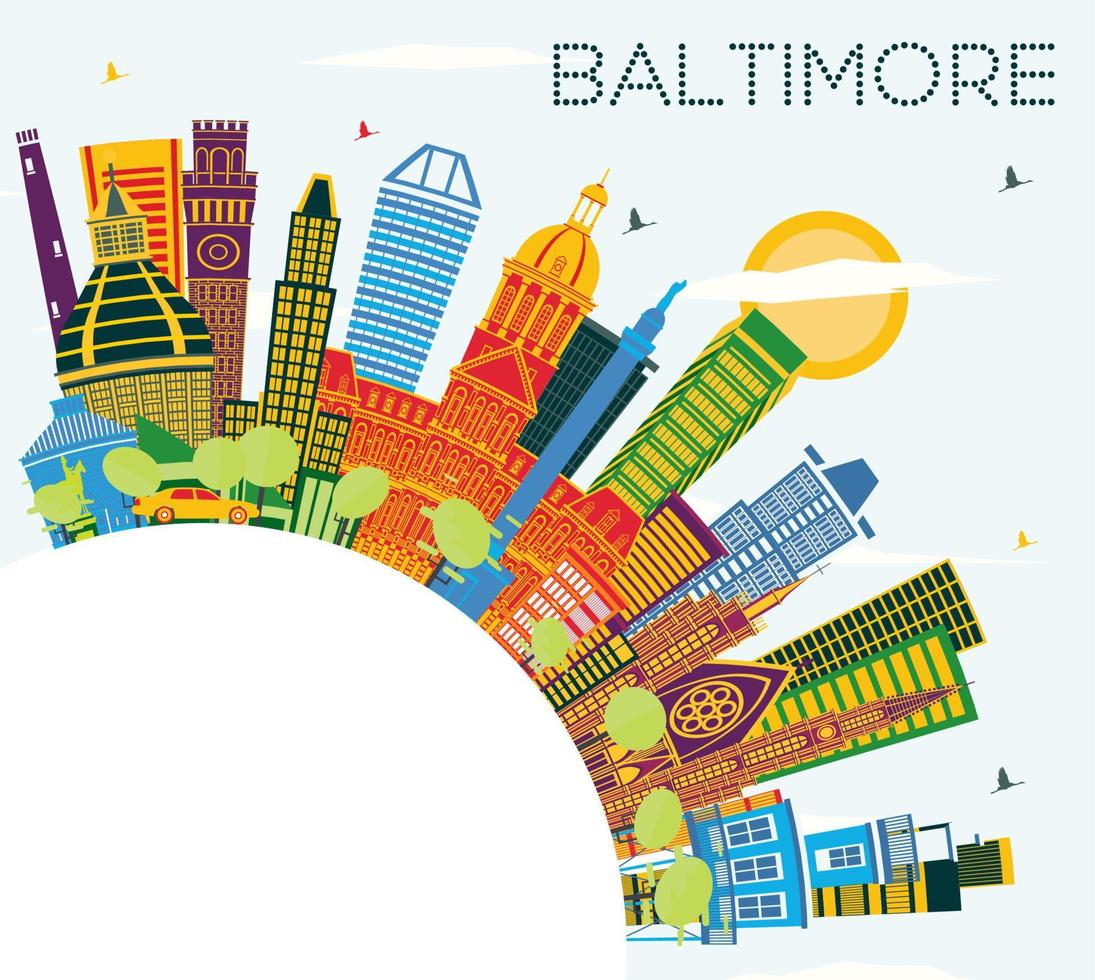 Baltimore USA Maryland City Skyline with Color Buildings, Blue Sky and Copy Space. vector