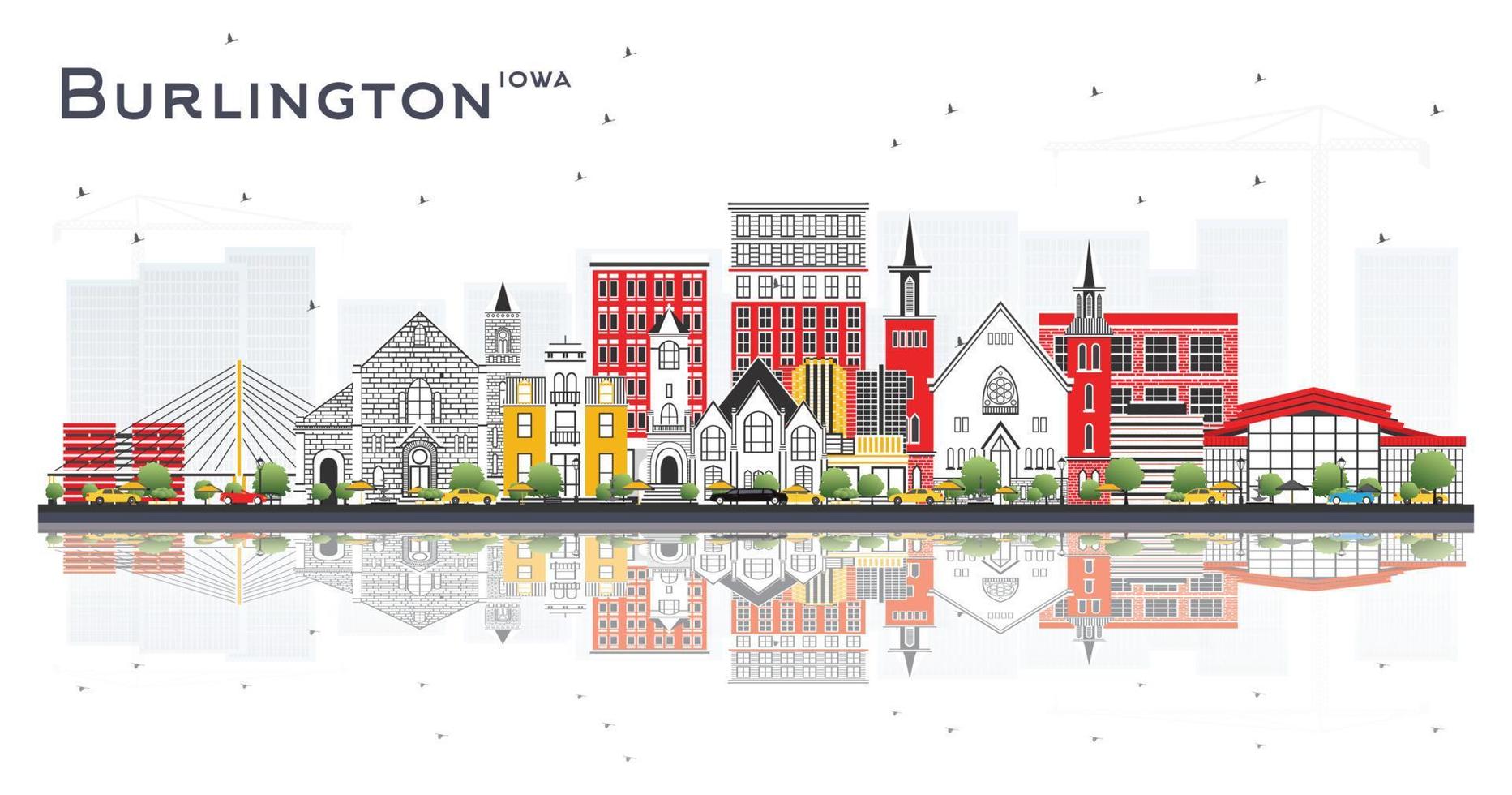 El horizonte de burlington, iowa, con edificios de color y reflejos aislados en fondo blanco. vector