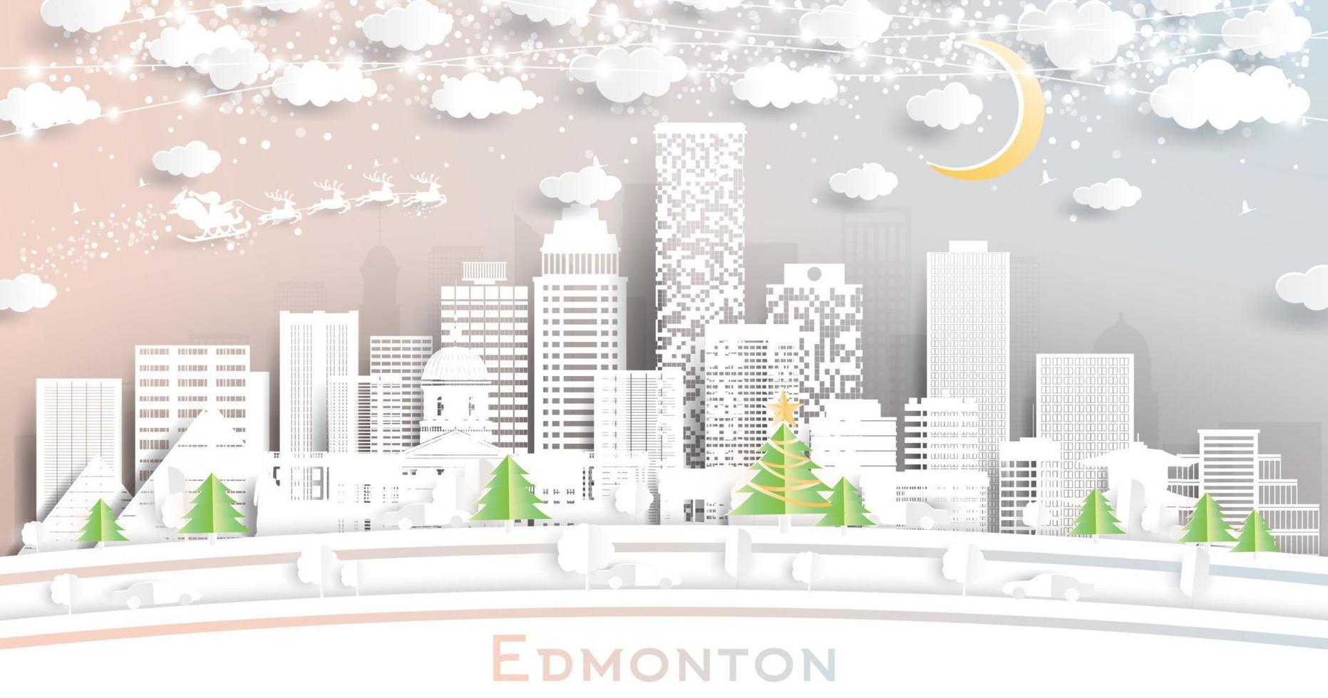 el horizonte de la ciudad de edmonton, canadá, en estilo de corte de papel con copos de nieve, luna y guirnaldas de neón. vector