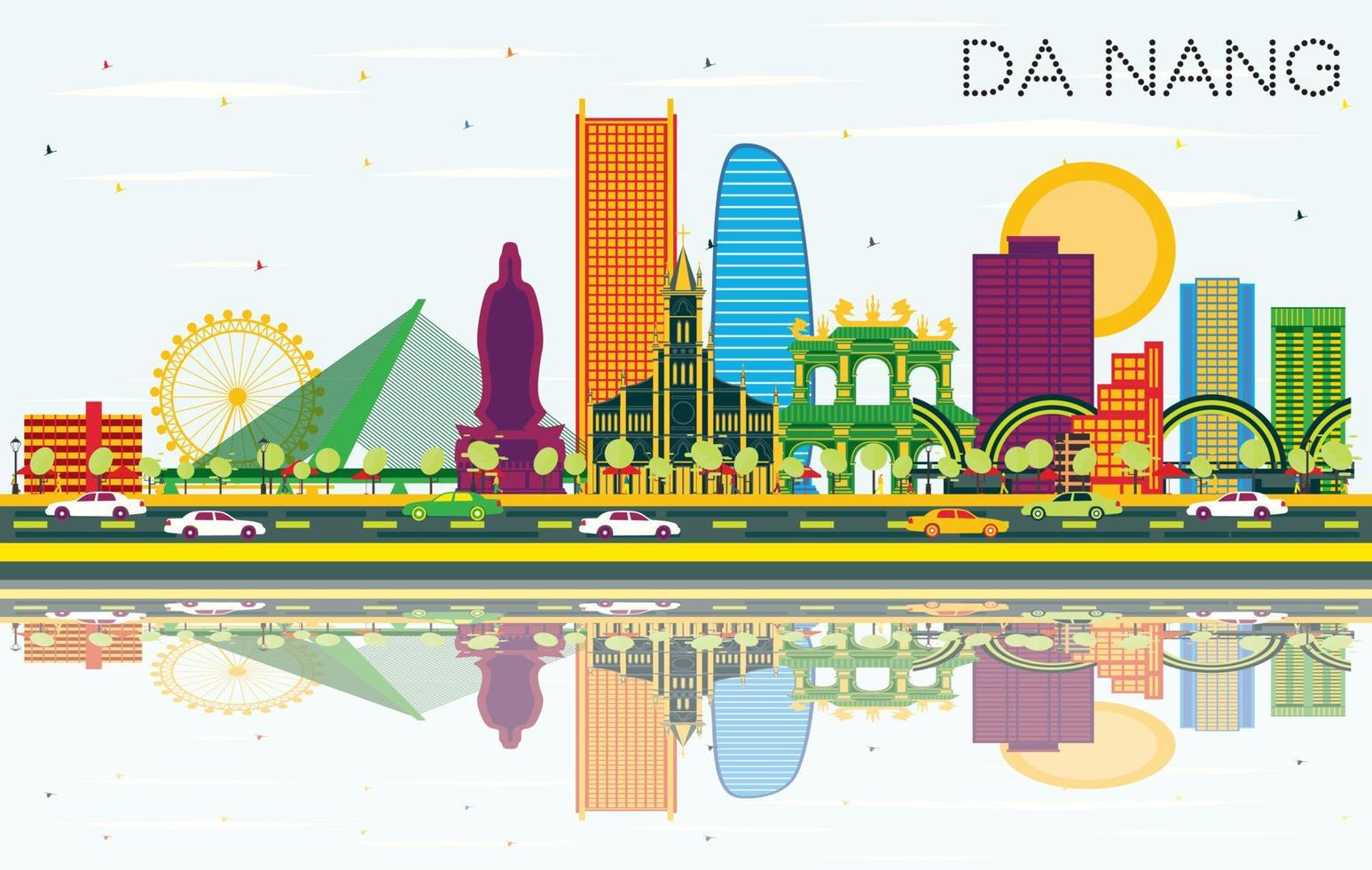 Da Nang Vietnam City Skyline with Color Buildings, Blue Sky and Reflections. vector