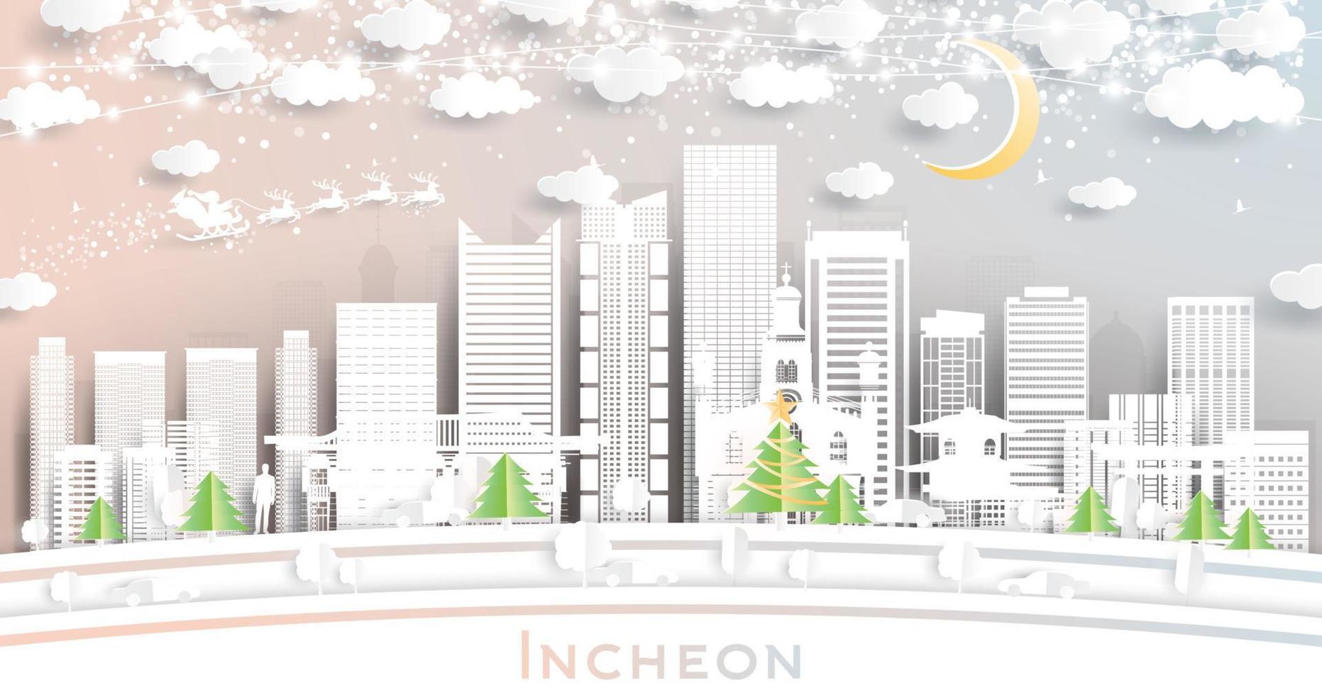 el horizonte de la ciudad de incheon corea del sur en estilo de corte de papel con copos de nieve, luna y guirnalda de neón. vector