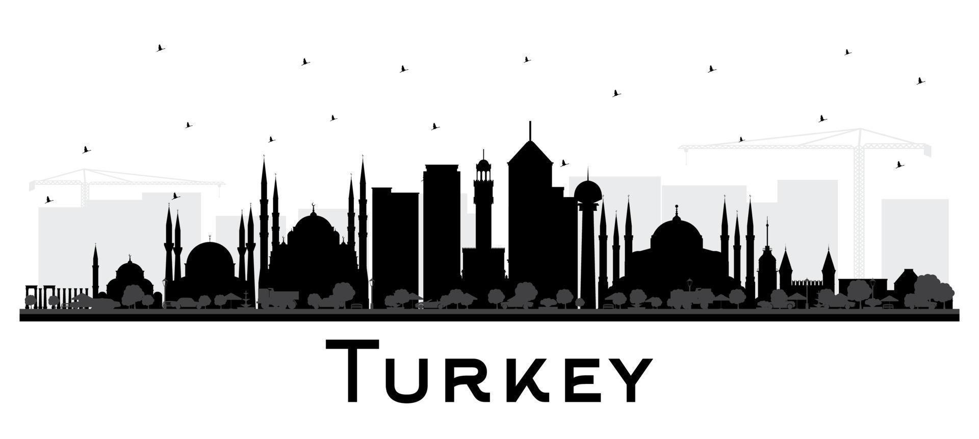 Turkey City Skyline Silhouette with Black Buildings Isolated on White. vector