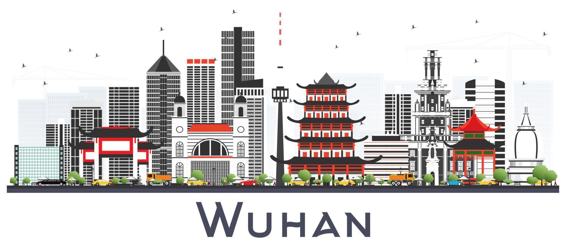 Wuhan China City Skyline with Gray Buildings Isolated on White. vector