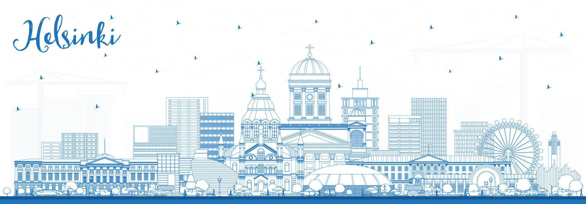 Outline Helsinki Finland City Skyline with Blue Buildings. vector