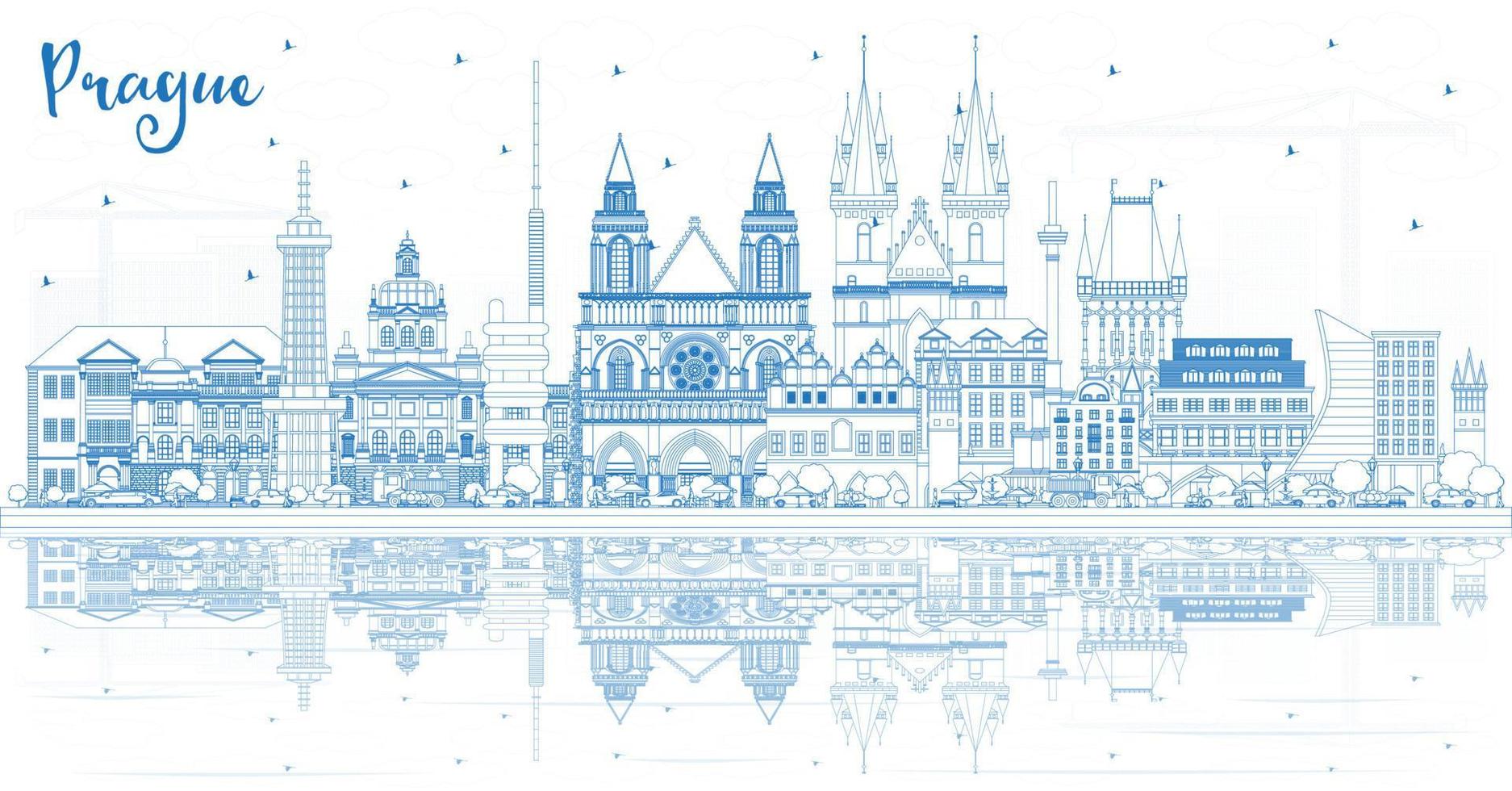Outline Prague Czech Republic City Skyline with Blue Buildings and Reflections. vector