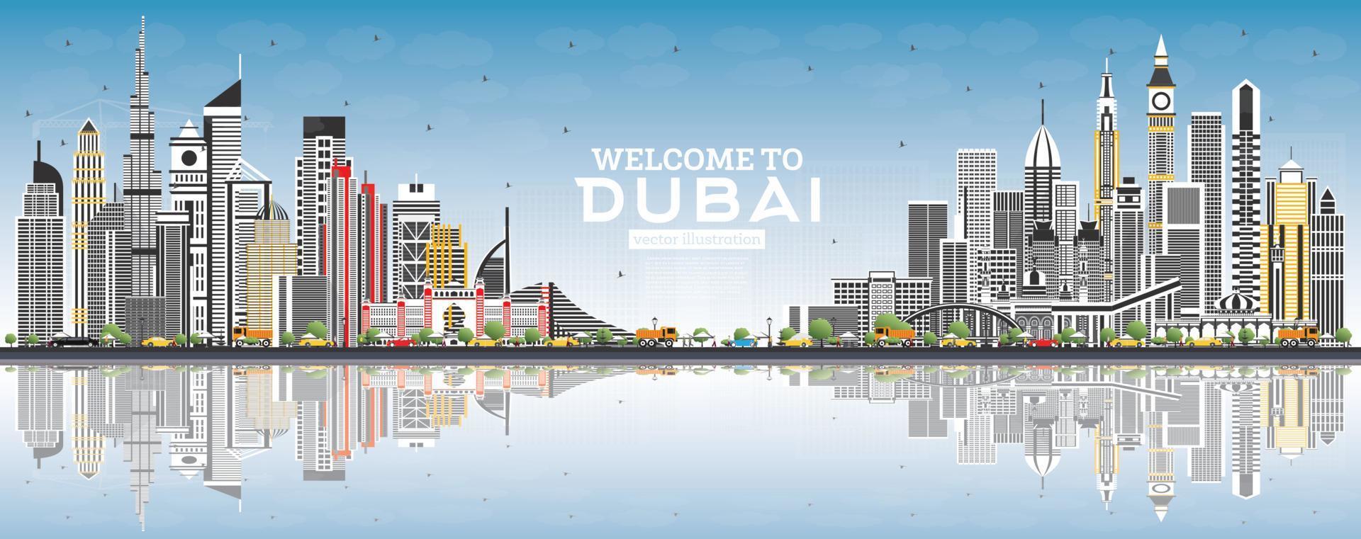 bienvenido al horizonte de dubai emiratos árabes unidos con edificios grises, cielo azul y reflejos. vector