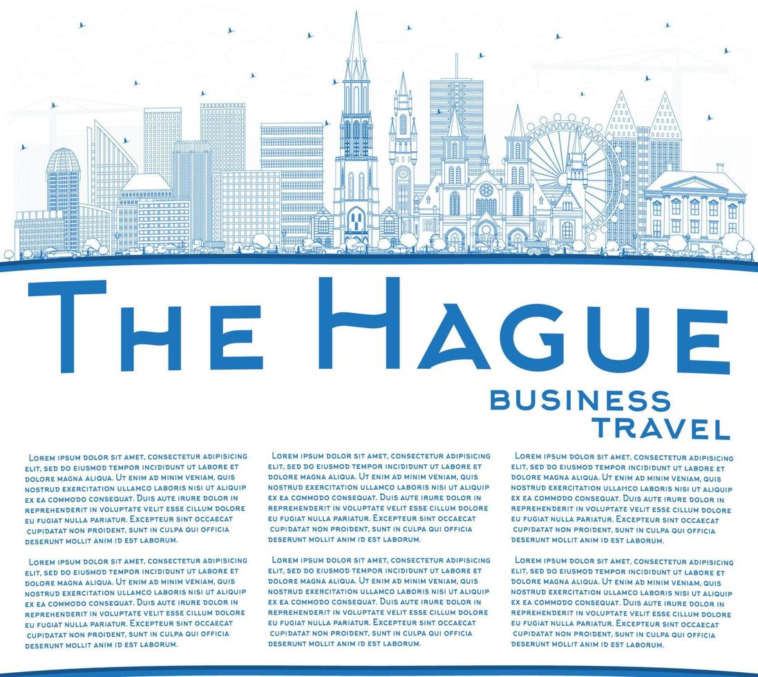 Outline The Hague Netherlands City Skyline with Blue Buildings and Copy Space. vector