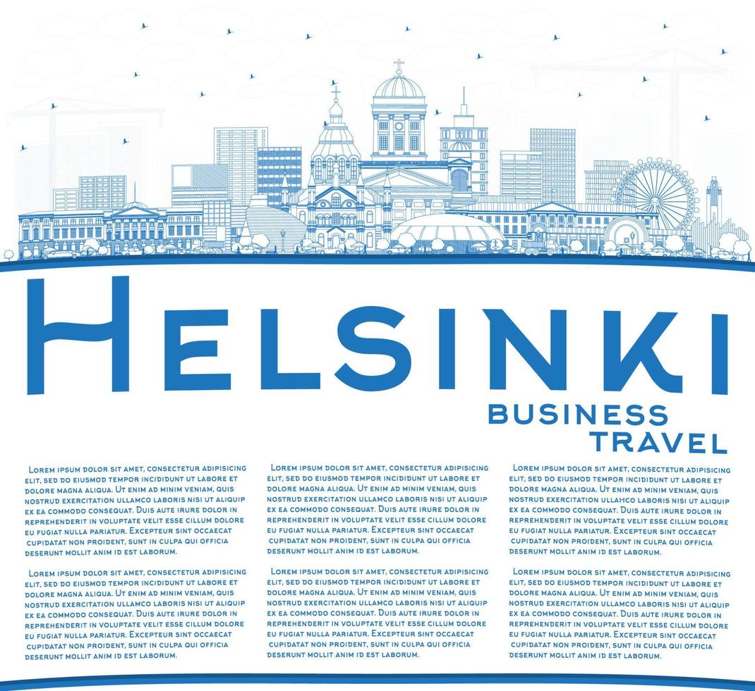 Outline Helsinki Finland City Skyline with Blue Buildings and Copy Space. vector