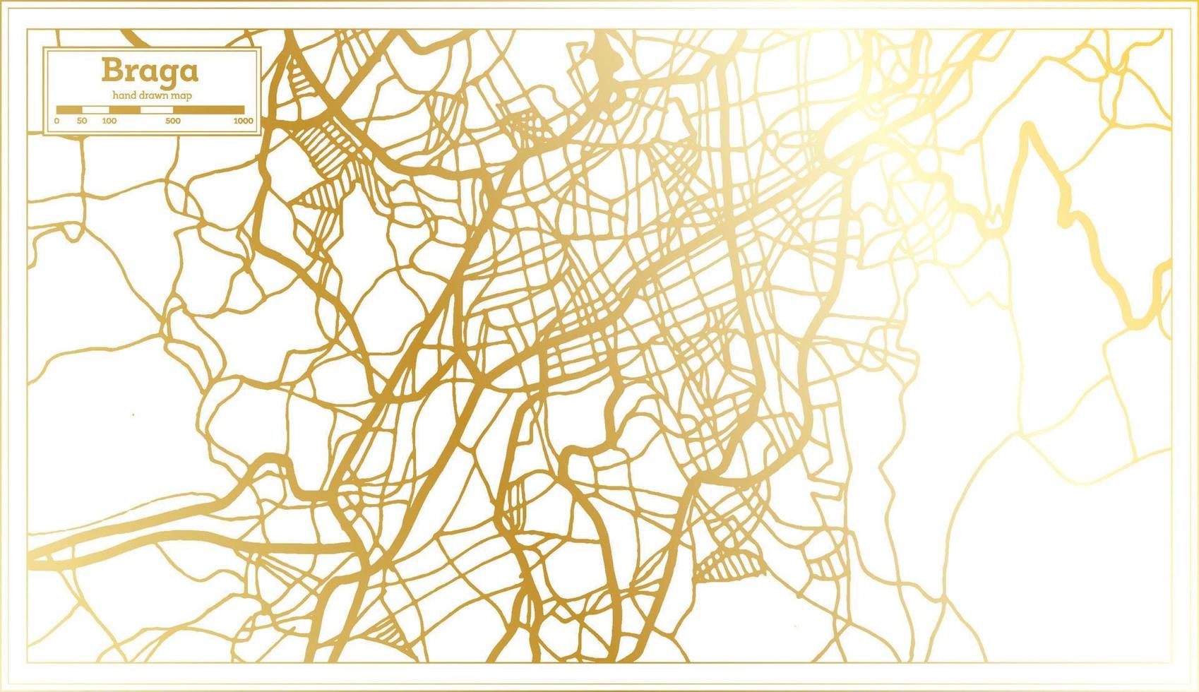 mapa de la ciudad de braga portugal en estilo retro en color dorado. esquema del mapa. vector