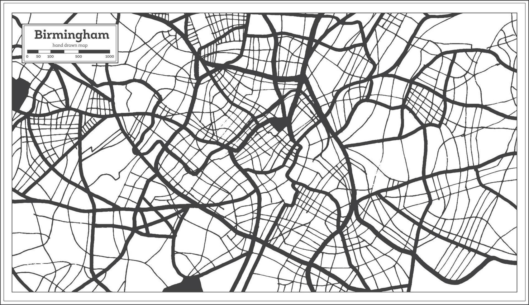 mapa de la ciudad de birmingham gran bretaña en color blanco y negro en estilo retro. esquema del mapa. vector