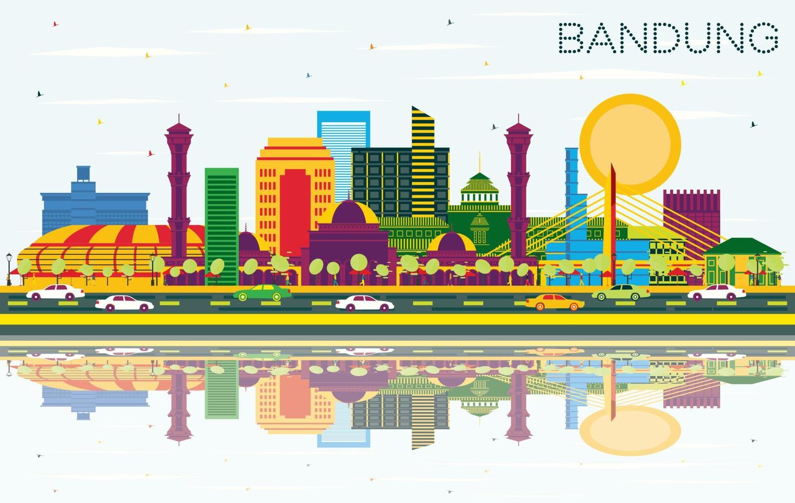 Bandung Indonesia City Skyline with Color Buildings, Blue Sky and Reflections. vector