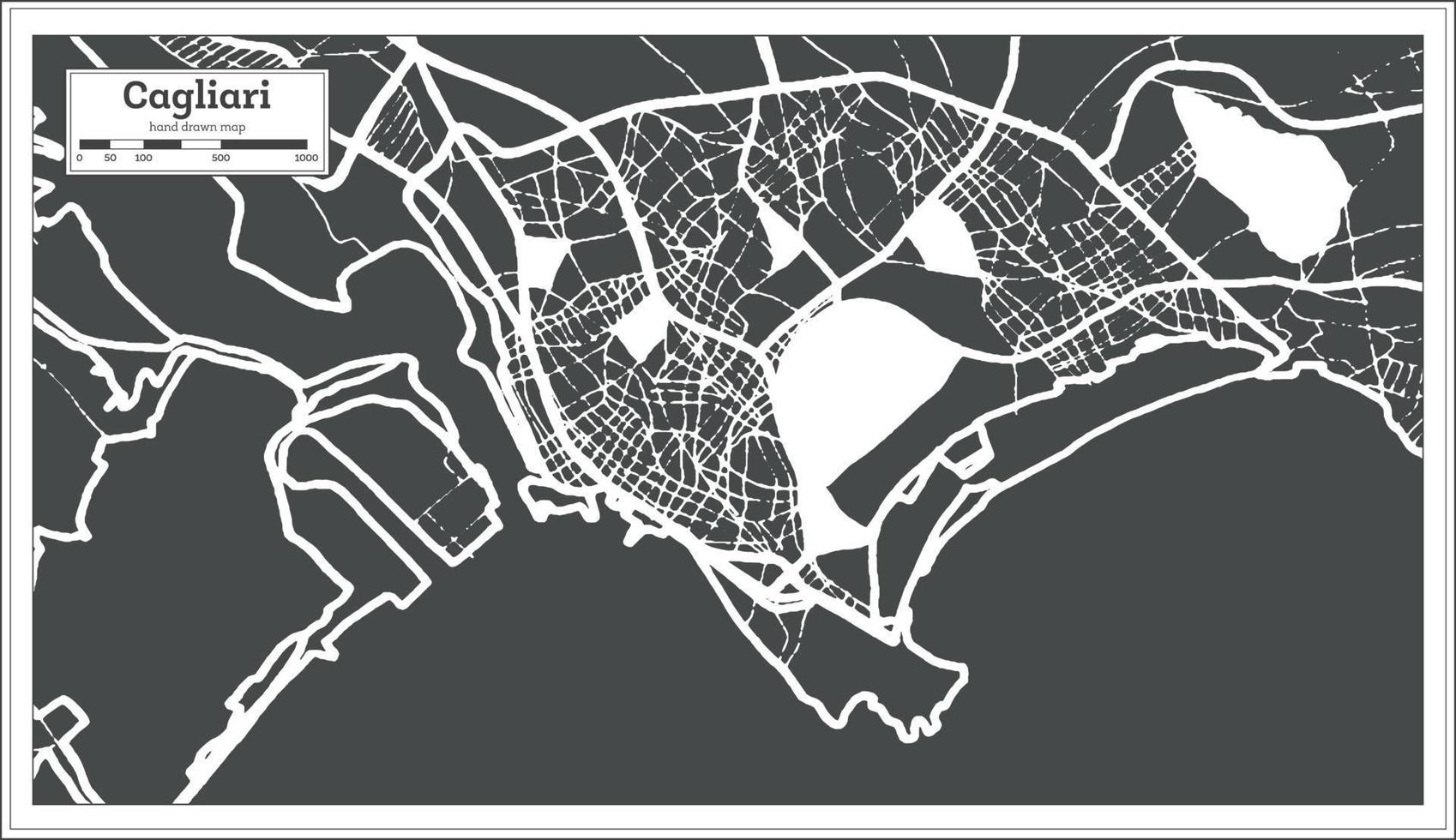 mapa de la ciudad de cagliari italia en color blanco y negro en estilo retro. esquema del mapa. vector