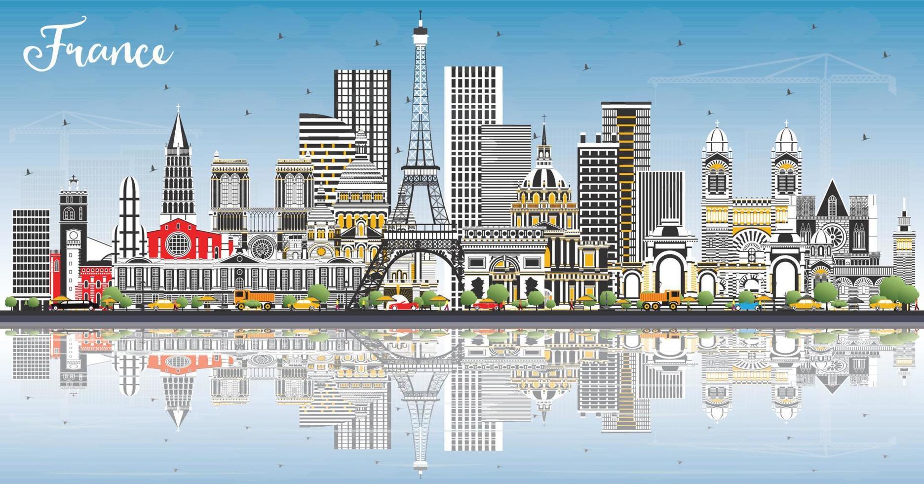 Welcome to France Skyline with Gray Buildings, Blue Sky and Reflections. vector