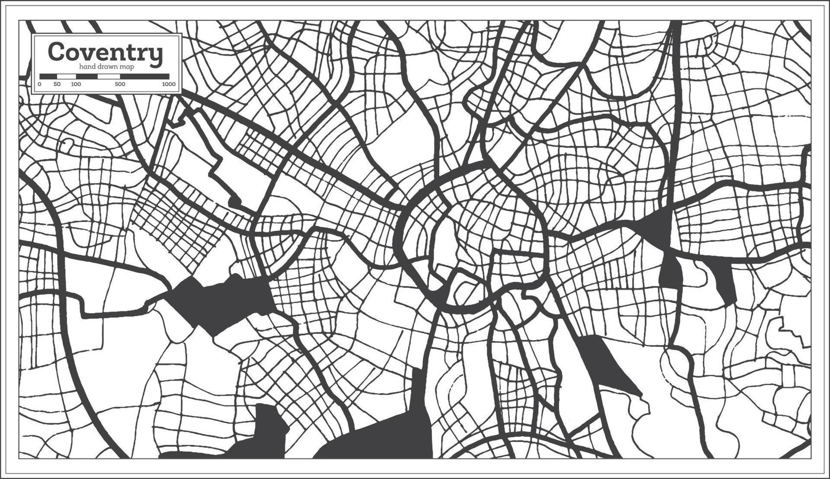 mapa de la ciudad de coventry gran bretaña en color blanco y negro en estilo retro. esquema del mapa. vector