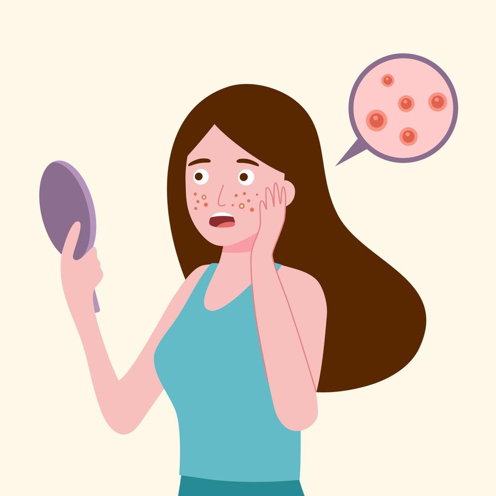 Woman looking in the mirror and worrying about her face acne. vector