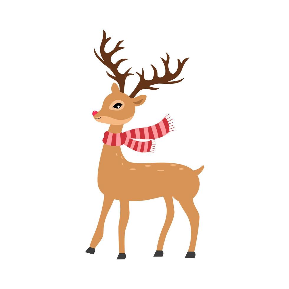 Cute reindeer with red scarf in flat design on white background. vector