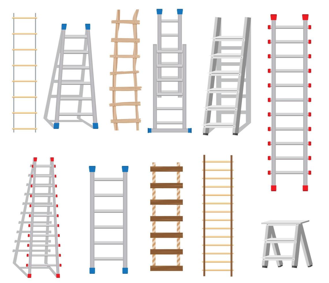 Ladders Set Made from Different Materials Wood and Metal. vector