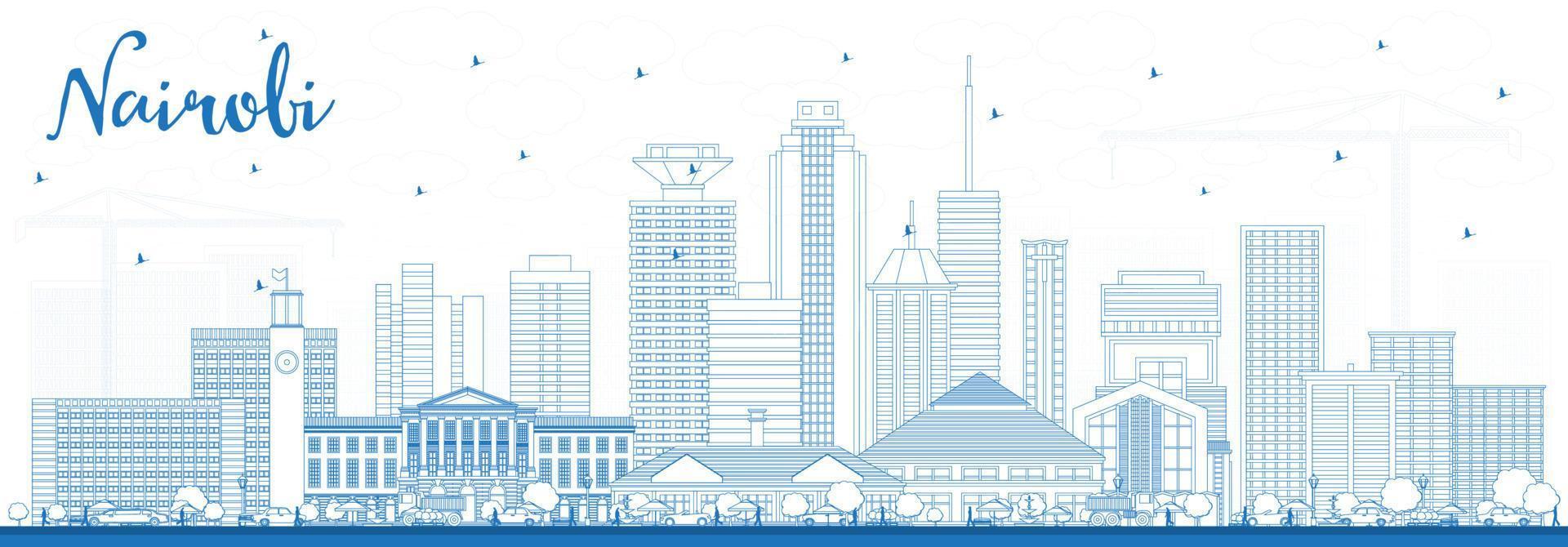 delinear el horizonte de la ciudad de nairobi, kenia, con edificios azules. vector