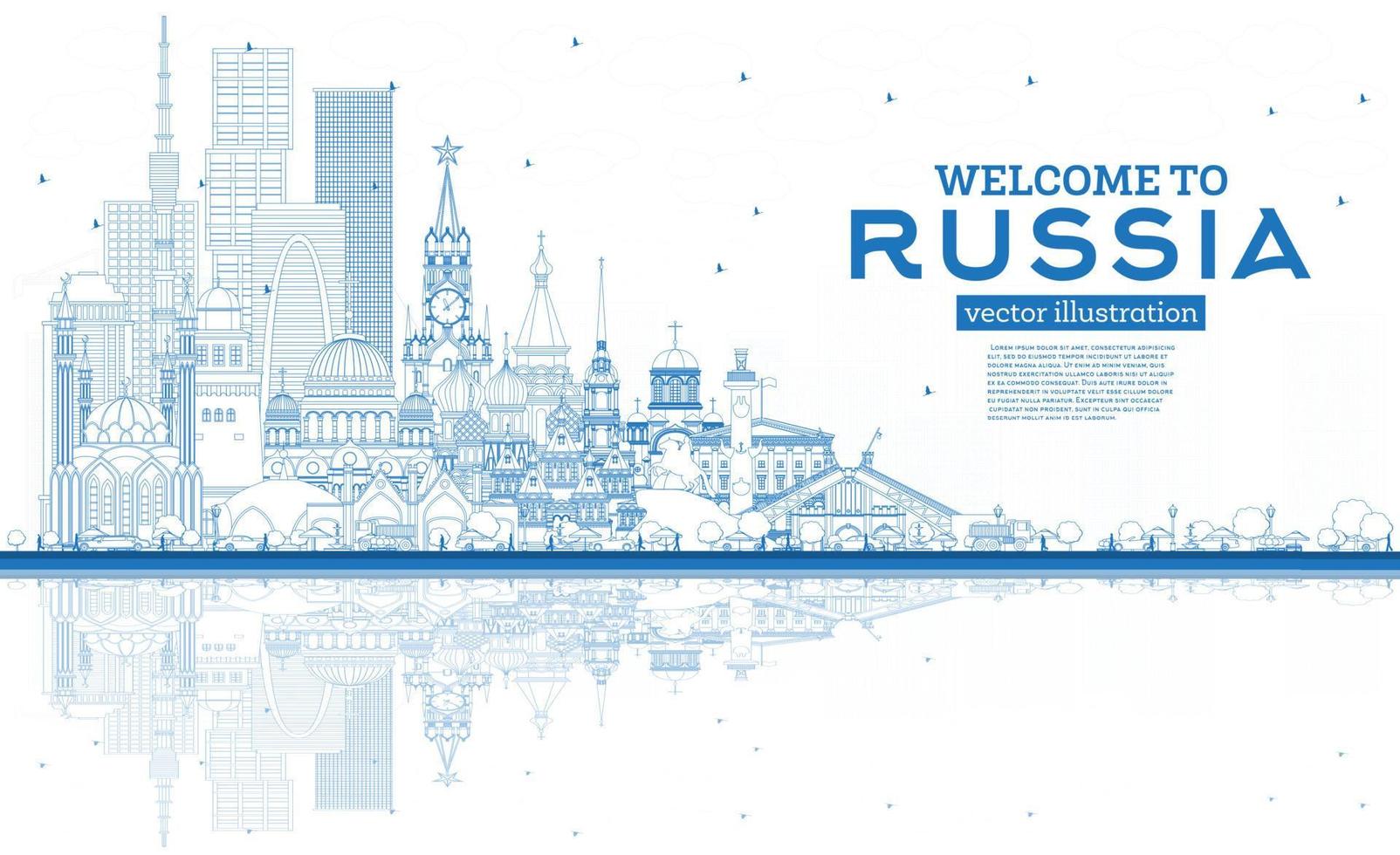 Outline Welcome to Russia Skyline with Blue Buildings. vector