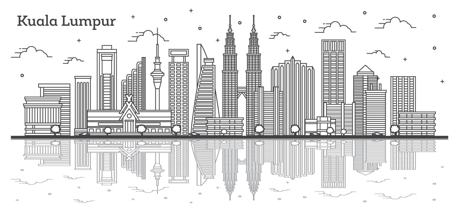 delinear el horizonte de la ciudad de kuala lumpur malasia con edificios modernos y reflejos aislados en blanco. vector