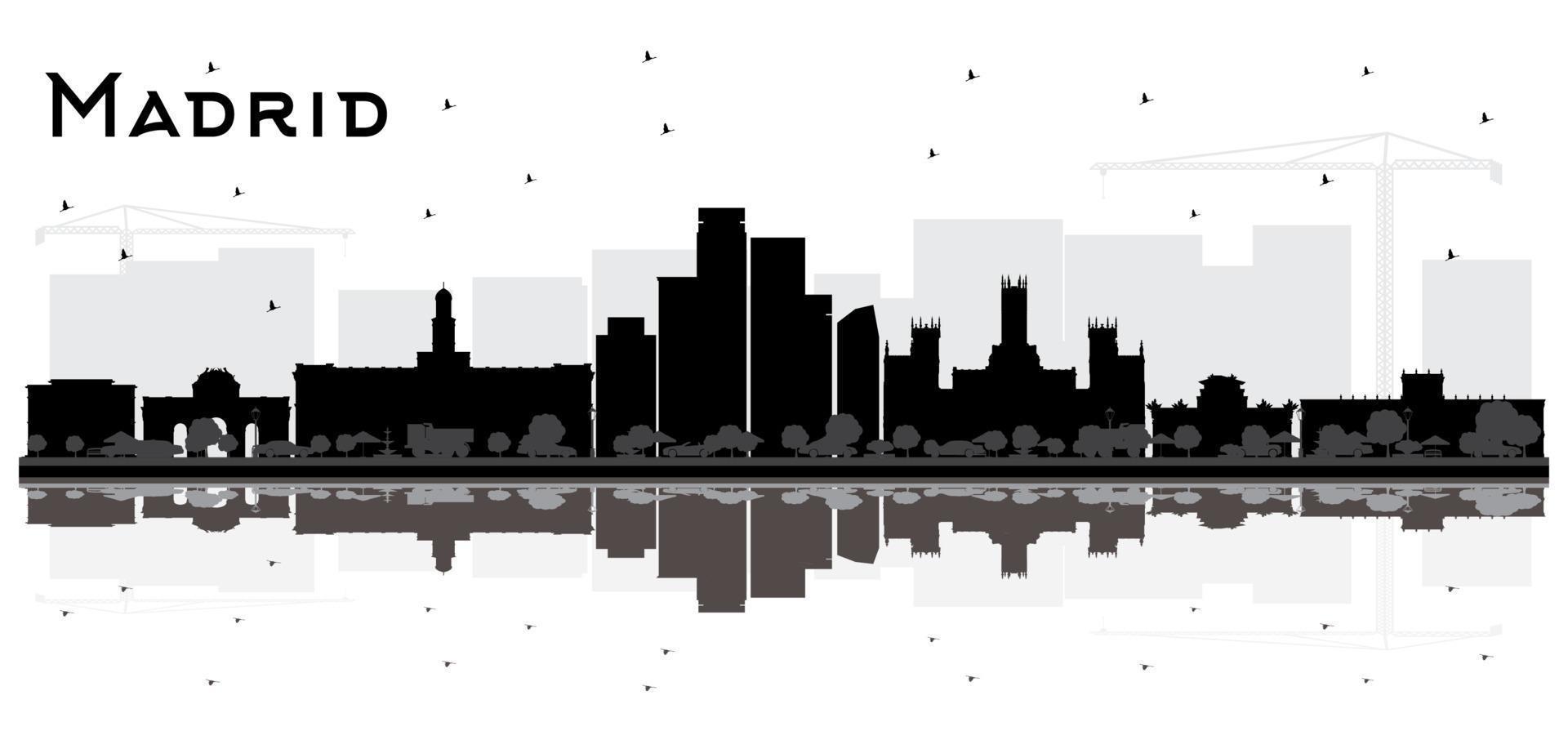 silueta del horizonte de la ciudad de madrid españa con edificios negros y reflejos aislados en blanco. vector