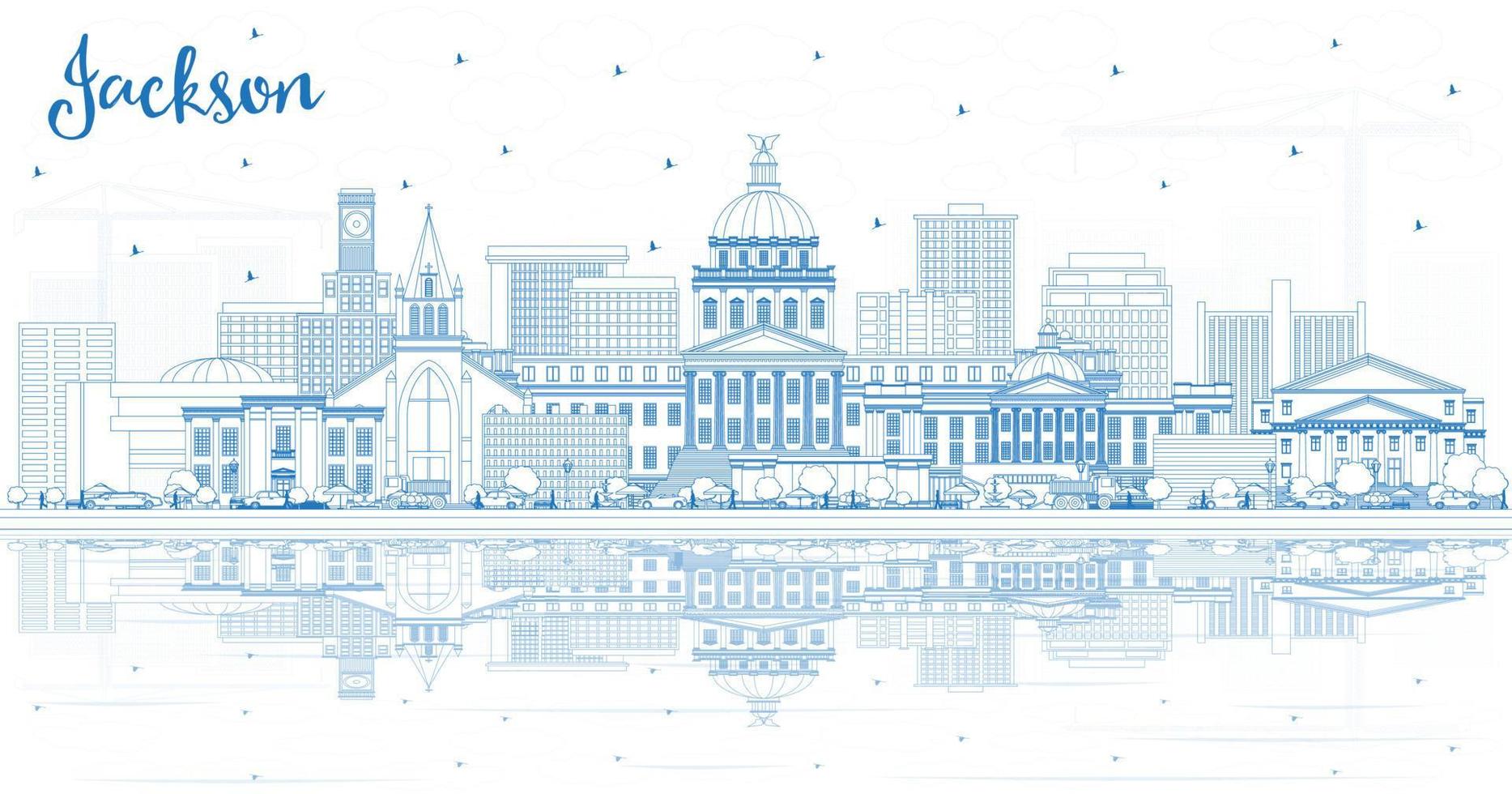 Outline Jackson Mississippi City Skyline with Blue Buildings and Reflections. vector