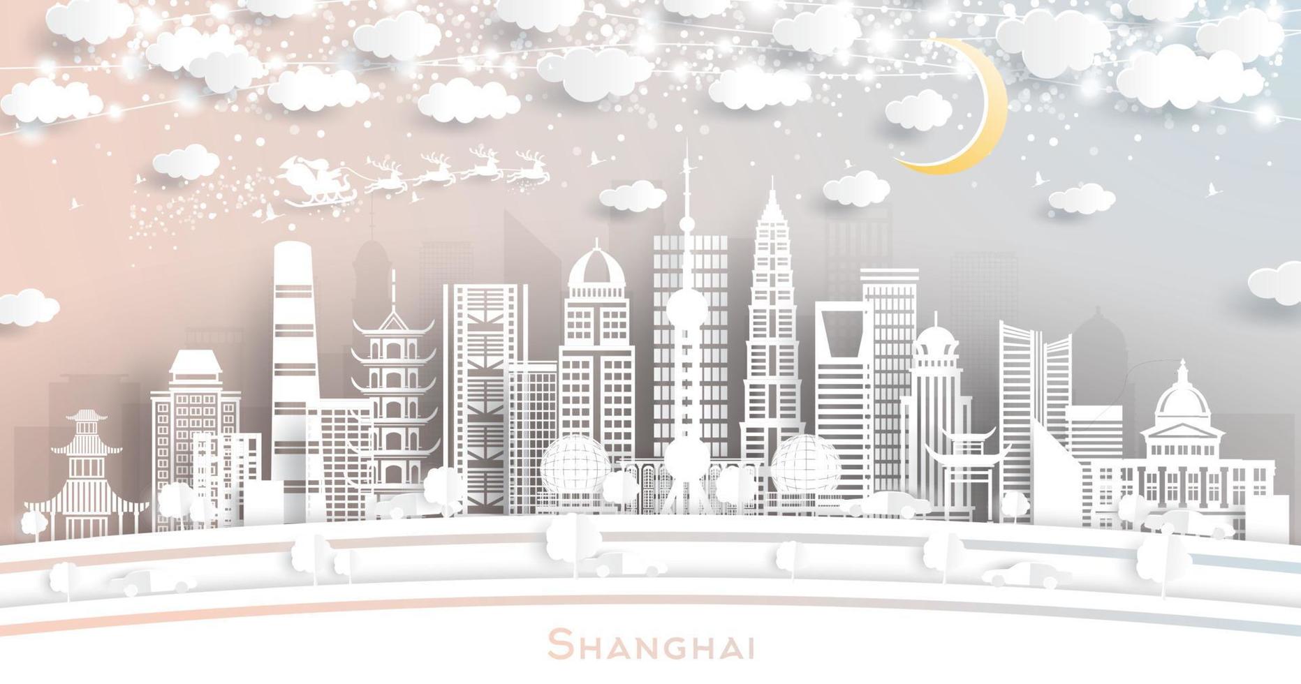 Shanghai China City Skyline in Paper Cut Style with White Buildings, Moon and Neon Garland. Vector Illustration.