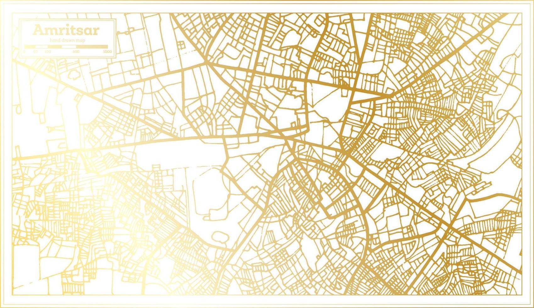 mapa de la ciudad de amritsar india en estilo retro en color dorado. esquema del mapa. vector