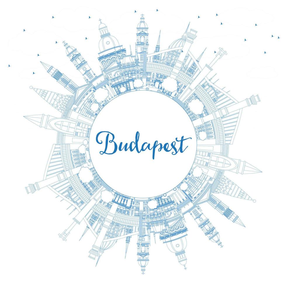 Outline Budapest Hungary City Skyline with Blue Buildings and Copy Space. vector
