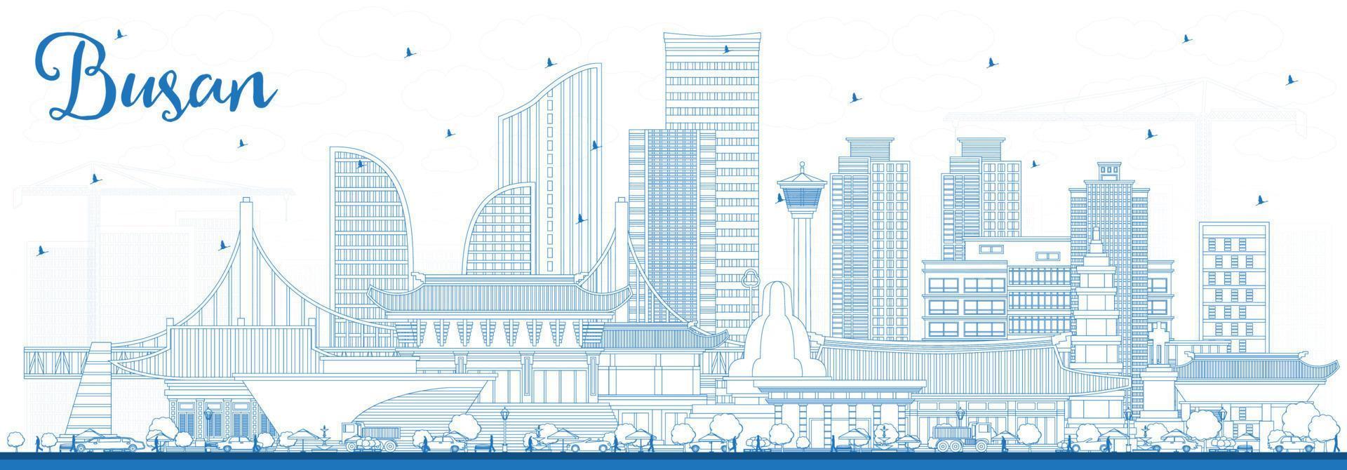 Outline Busan South Korea City Skyline with Blue Buildings. vector