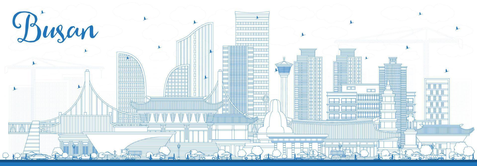 esbozar el horizonte de la ciudad de busan corea del sur con edificios azules. vector