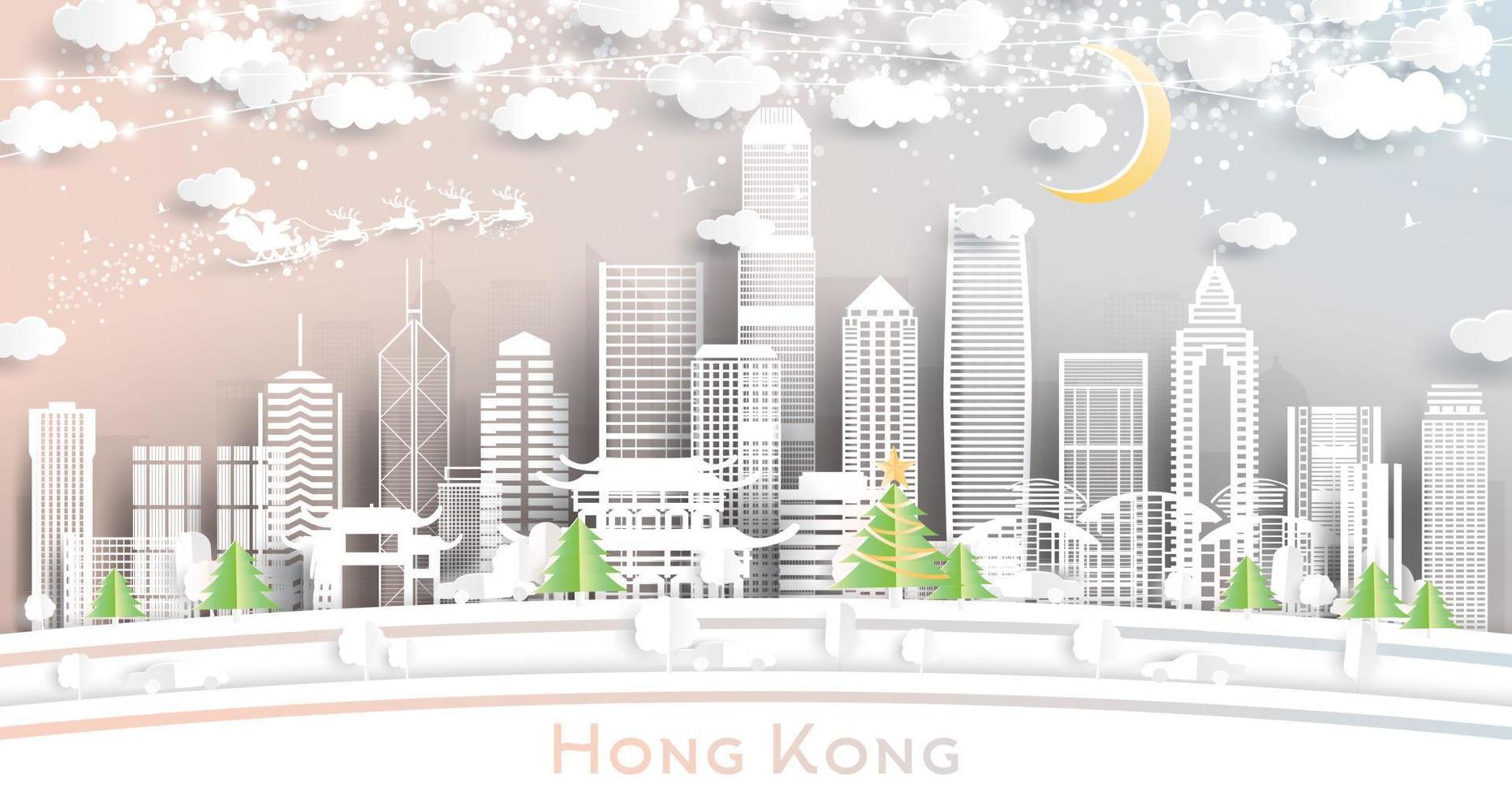 horizonte de la ciudad de hong kong china en estilo de corte de papel con copos de nieve, luna y guirnalda de neón. vector