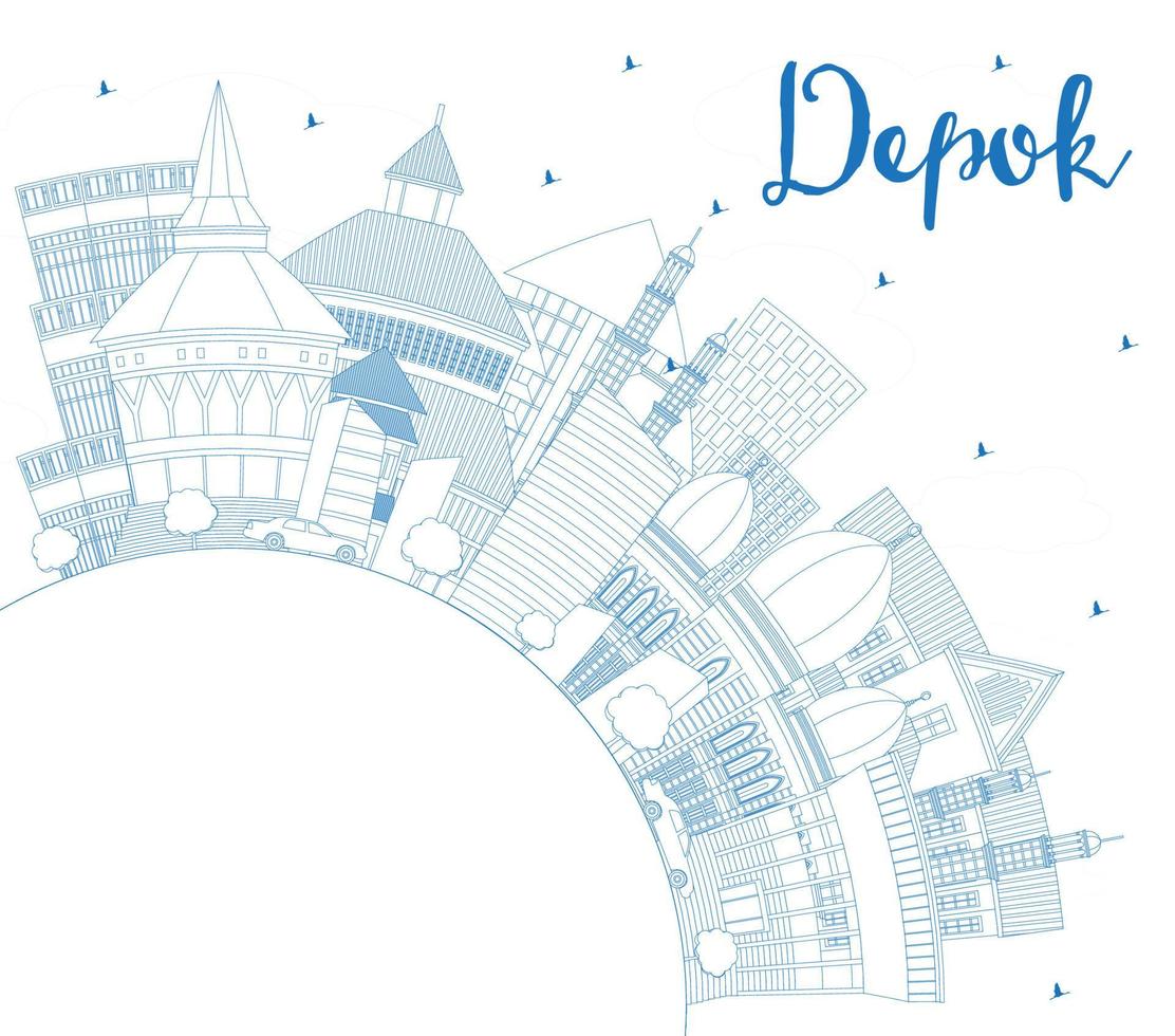 Outline Depok Indonesia City Skyline with Blue Buildings and Copy Space. vector
