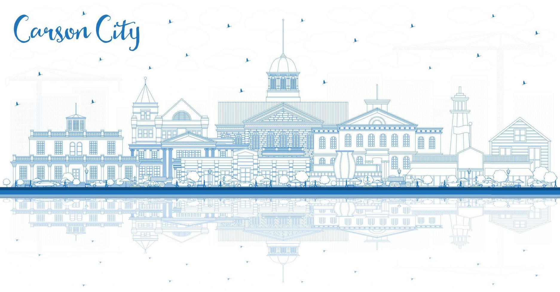 Outline Carson City Nevada City Skyline with Blue Buildings and Reflections. vector