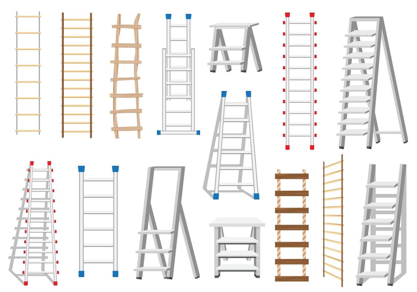 Ladders Set Made from Different Materials Wood and Metal. Rope Ladder. vector