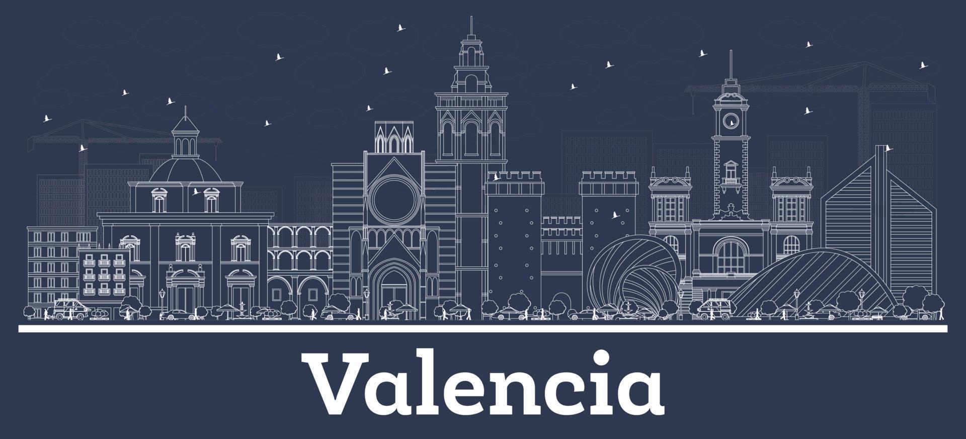 Outline Valencia Spain City Skyline with White Buildings. vector