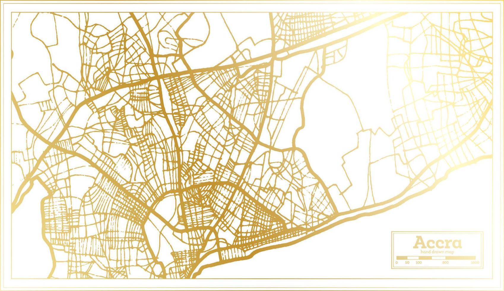 mapa de la ciudad de accra ghana en estilo retro en color dorado. esquema del mapa. vector