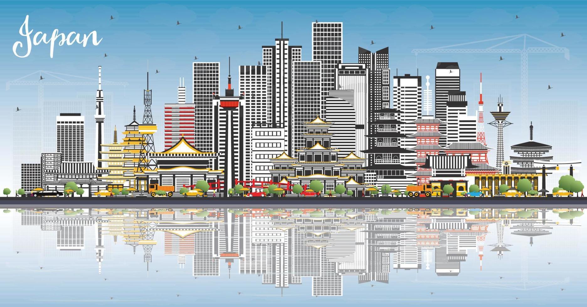 horizonte de la ciudad de japón con edificios grises, cielo azul y reflejos. vector