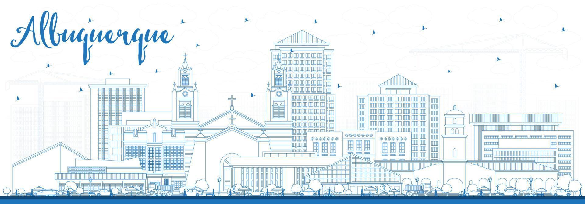 Outline Albuquerque New Mexico City Skyline with Blue Buildings. vector