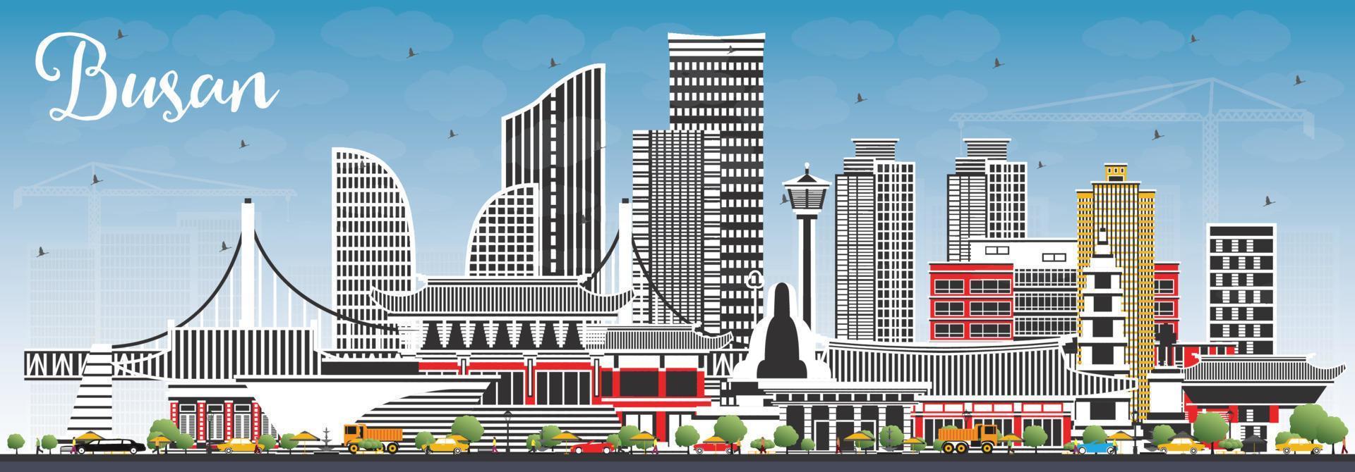 Busan South Korea City Skyline with Color Buildings and Blue Sky. vector