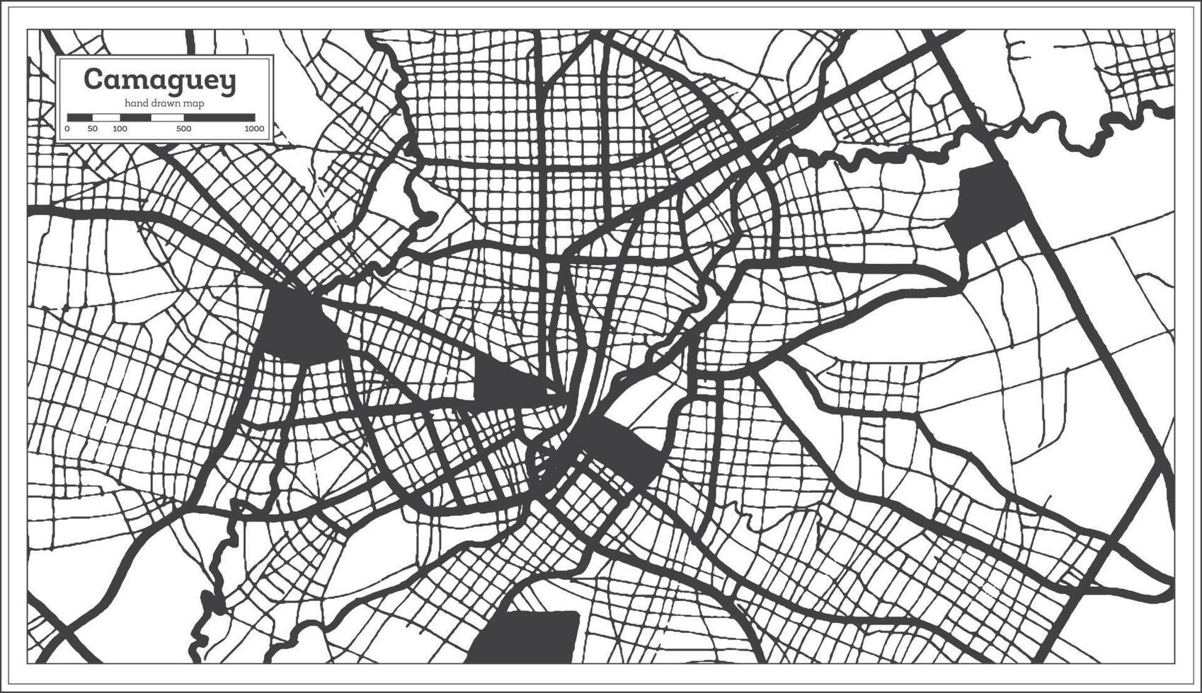 mapa de la ciudad de camaguey cuba en color blanco y negro en estilo retro. esquema del mapa. vector