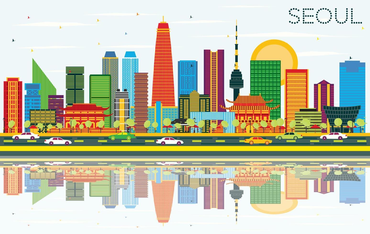 Seoul Korea Skyline with Color Buildings, Blue Sky and Reflections. vector