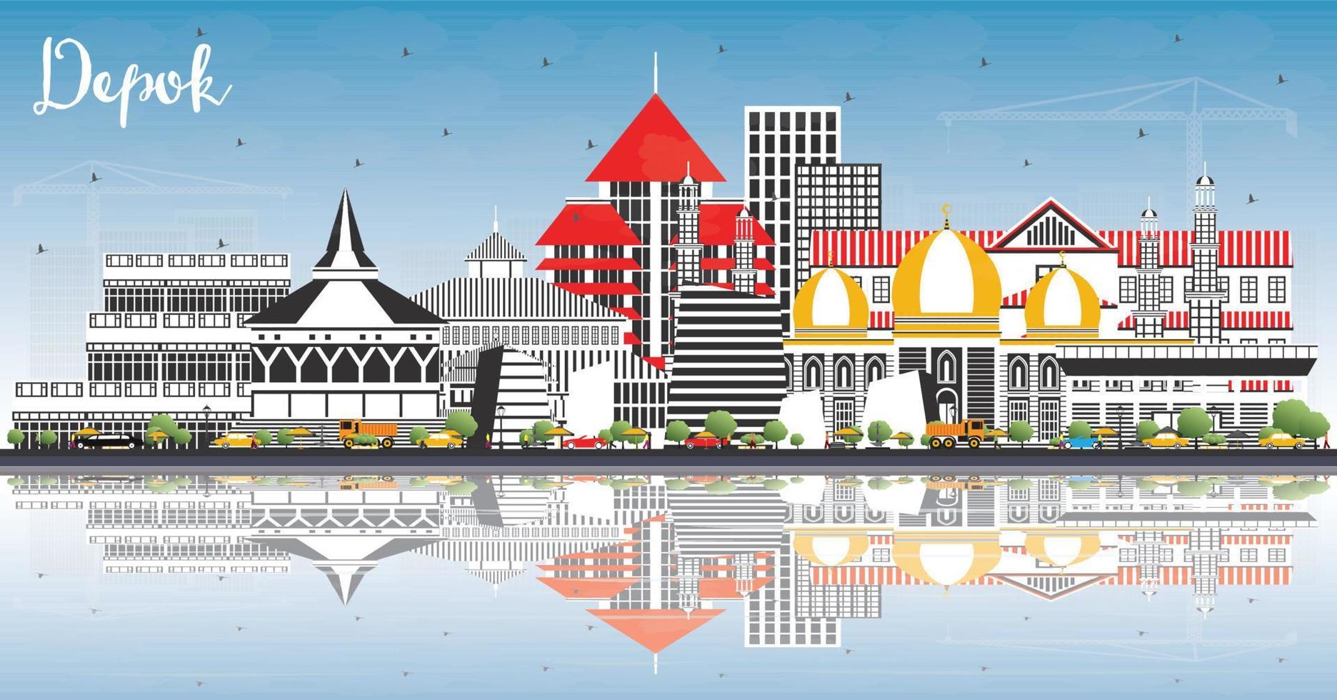 horizonte de la ciudad de depok indonesia con edificios de color, cielo azul y reflejos. vector