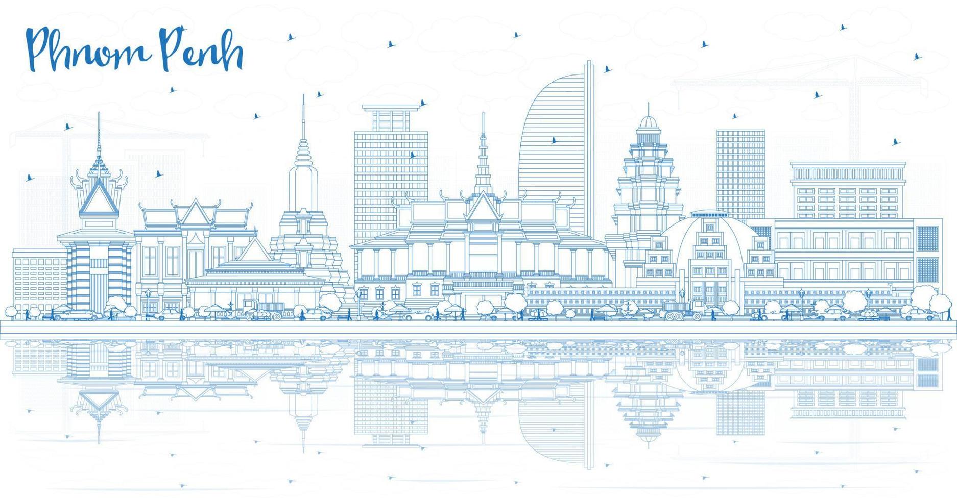 esbozar el horizonte de la ciudad de phnom penh, camboya, con edificios azules y reflejos. vector