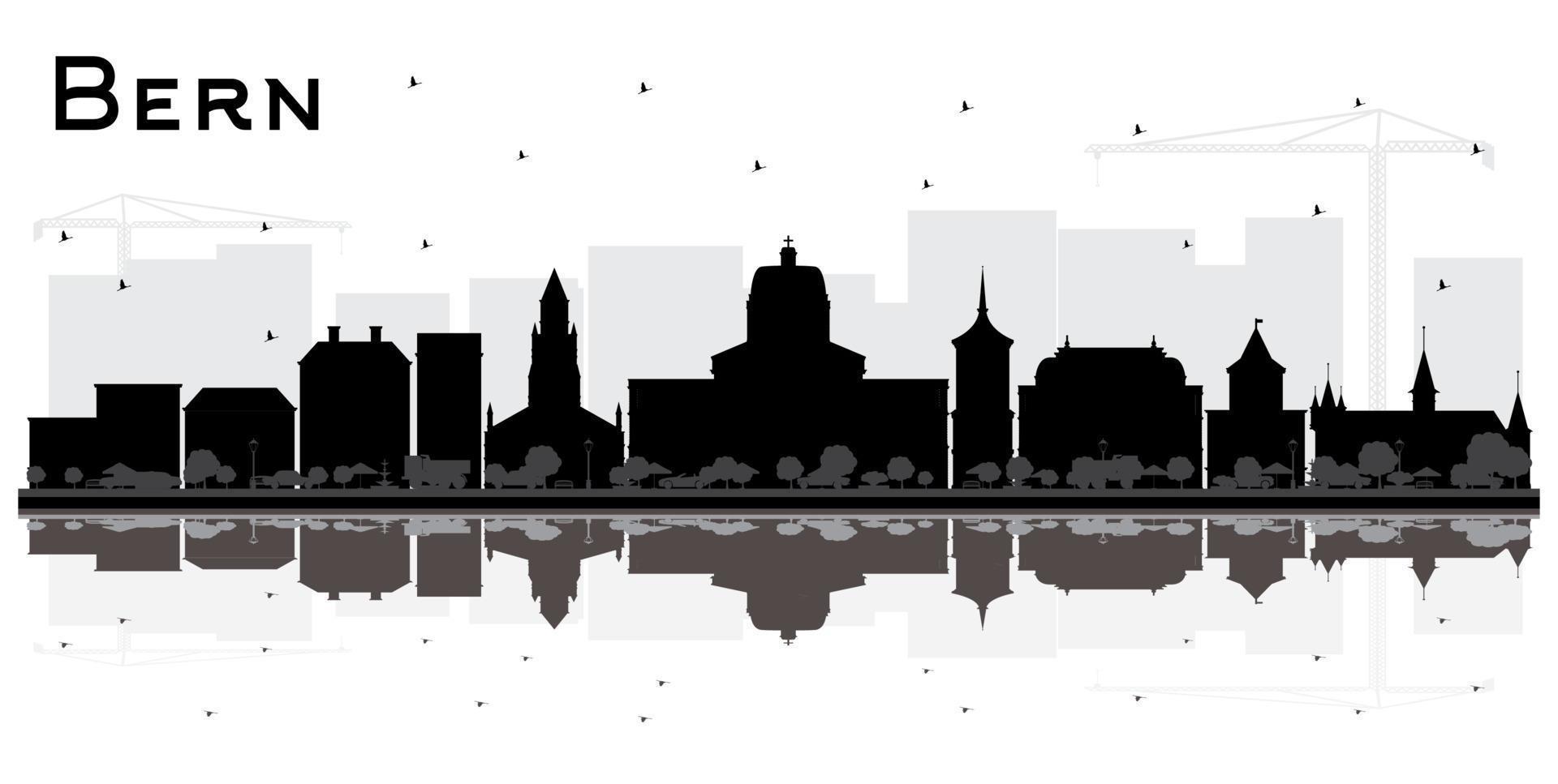Bern Switzerland City Skyline with Black Buildings and Reflections Isolated on White. vector