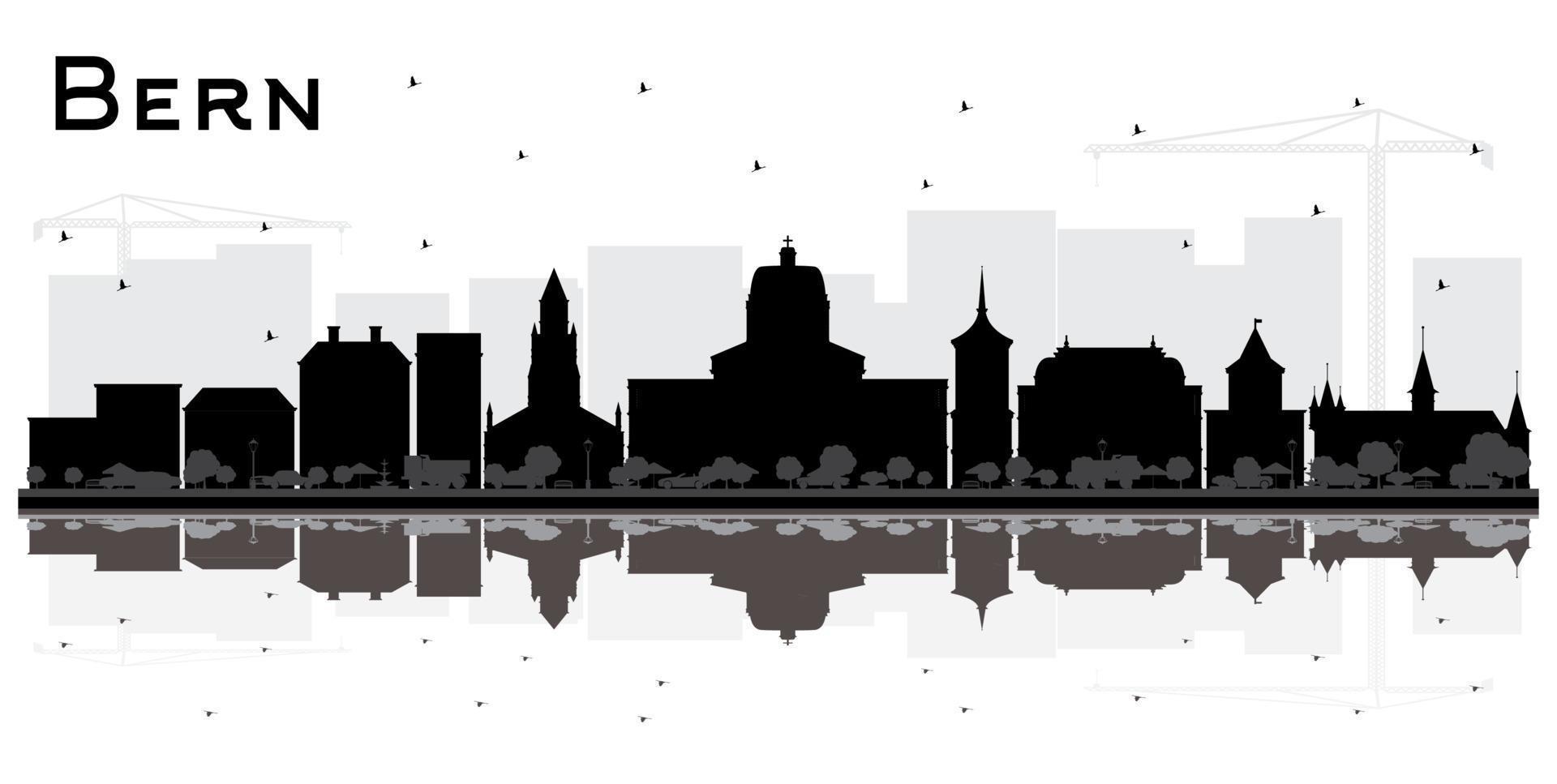 horizonte de la ciudad de berna suiza con edificios negros y reflejos aislados en blanco. vector