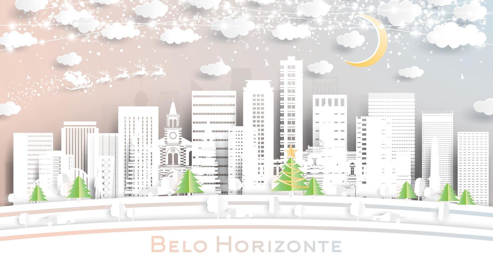 horizonte de la ciudad de belo horizonte brasil en estilo de corte de papel con copos de nieve, luna y guirnalda de neón. vector
